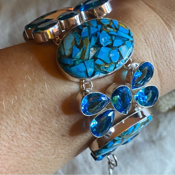 Gorgeous Copper Tibetan Turquoise + Blue Topaz cluster statement cuff bracelet - Picture 3 of 13